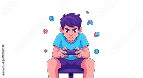Illustration of a young boy playing video games focused on gameplay, and concentration