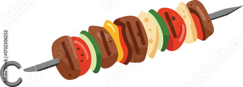 A skewer of grilled meat and vegetables on a metal stick.