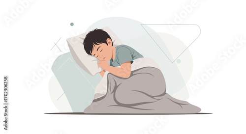 Illustration of a young boy sleeping peacefully in his bed at night, sleeping concept