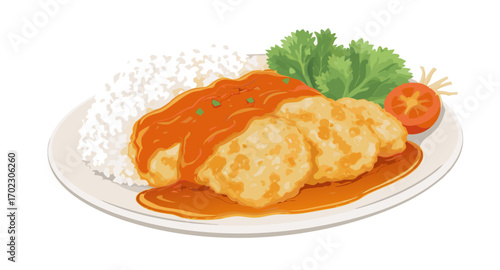 Delicious fried cutlet with rice and fresh garnish.
