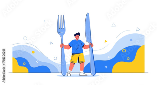 Man Holding Giant Utensils with Abstract Background, Conceptual Design for Meal Preparation