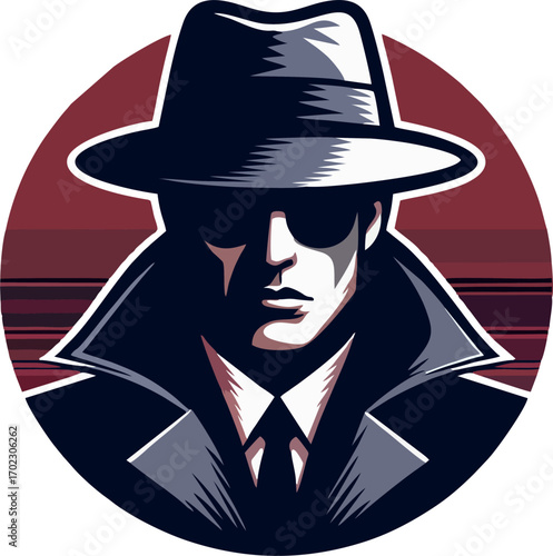 Vintage Noir Detective Mascot with Fedora Hat and High-Collar Coat on Red Background – Secret Agent