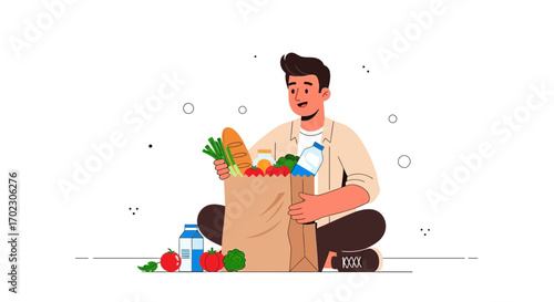 Man Holding Groceries, Showing Fresh Food, Happy Expressions, Illustration Design