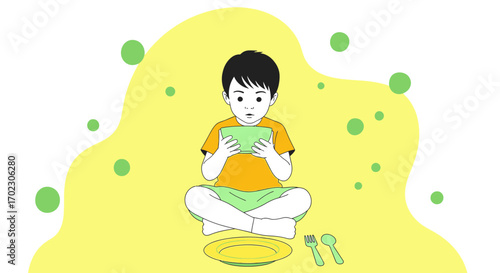 Illustration of a young boy with tablet and food setup conceptual design minimal vector