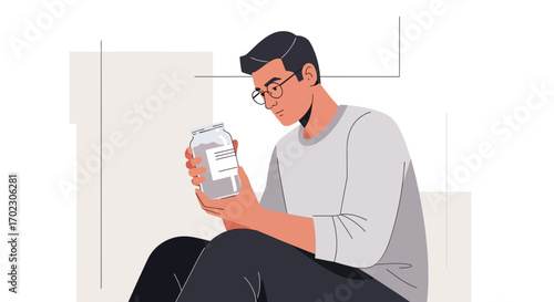 Man Holding Jar with Label Observing, Contemplating, Pondering the Contents Closely