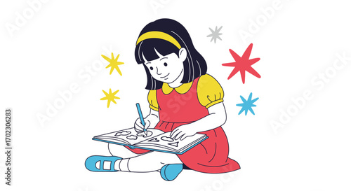 Illustration of a young girl drawing in a book surrounded by colorful stars