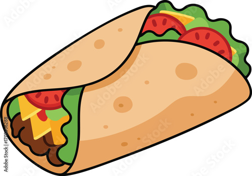 A delicious-looking, filled tortilla wrap, with various ingredients.