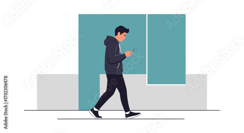Illustration of a Young Man Walking And Using a Smartphone, Technology Dependence