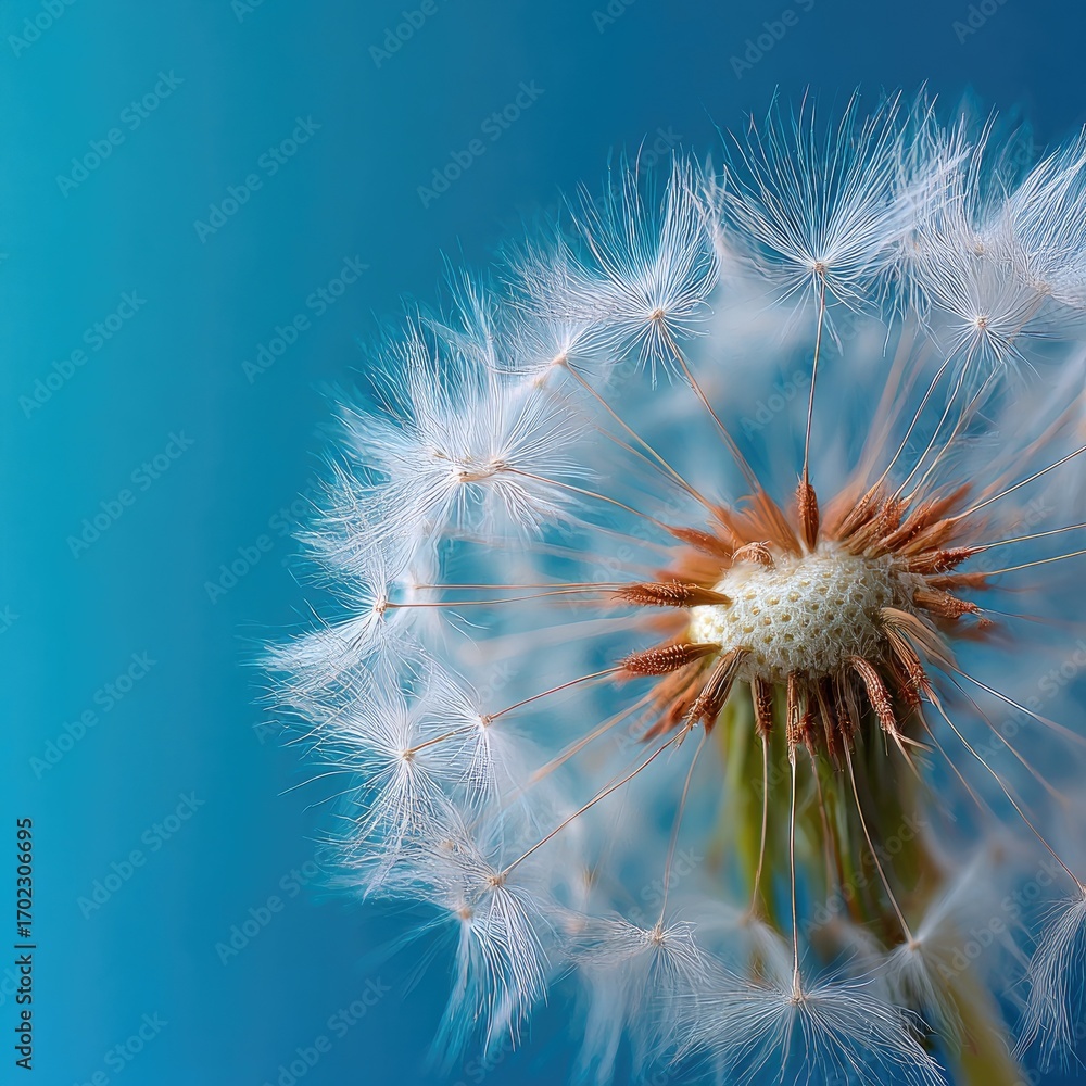 Fototapeta premium Close-up of a dandelion seed head against a vibrant teal background