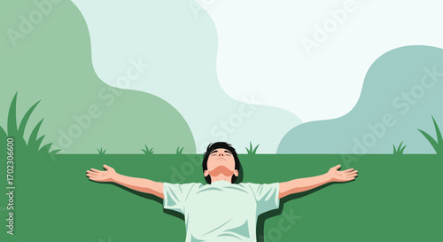 Man Laying On Grass Expressing Freedom and Reaching Towards the Sky Beautifully
