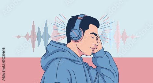 Man listening to music with headphones, enjoying the audio, feeling relaxed and calm
