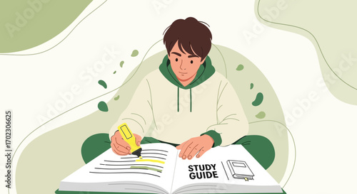 Illustration of a young student highlighting the study guide for school or college preparation