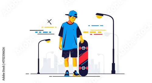 Illustration of a young skater standing with his skateboard in an urban setting