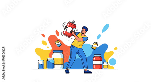 Man Juggling Soda Cans And Jars With Colorful Splashy Background Design Art
