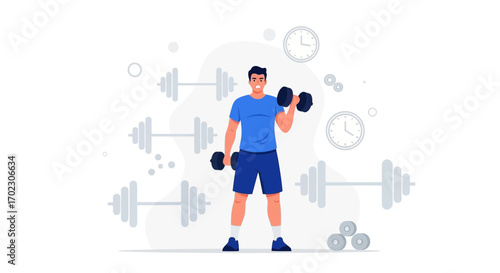 Man Lifting Dumbbells Sport Time Training in Gym Fitness Exercises Healthy Lifestyle Concept