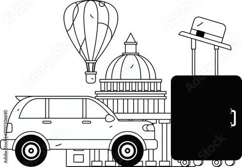 Illustrative outline of a car, suitcase, building, and hot air balloon for travel concepts or vacation planning, ideal for travel agency ads or tourism-related designs with modern appeal