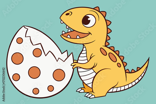 Cute cartoon dinosaur hatching from a spotted egg