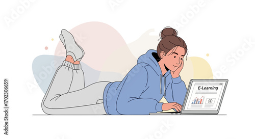 Illustration of a young woman doing e-learning on a laptop computer isolated on white background