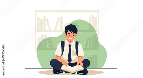 Illustration of a young student reading a book in a library or classroom setting concept design