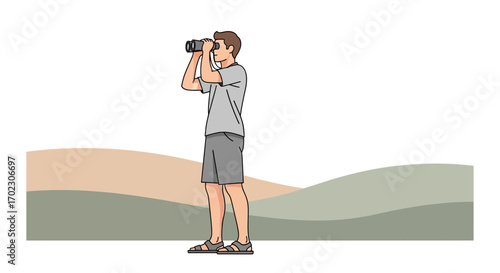 Man Observing Scenic Landscape Through Binoculars, Standing on Gently Rolling Hills