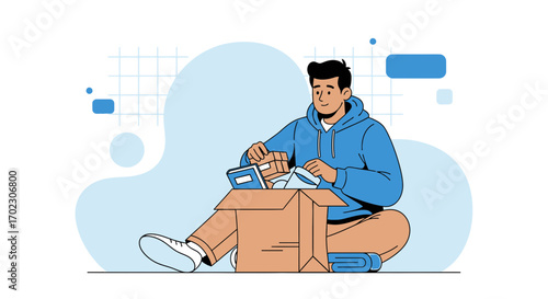 Man Organizing Belongings in a Cardboard Box, Home Organization Concept Illustration