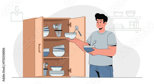Man Organizes Dishes Within Kitchen Cabinet, Simple Living Style Illustration