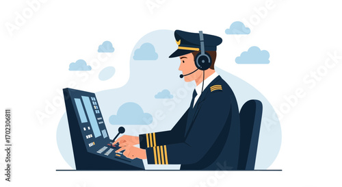 Illustration Of An Airline Pilot Wearing Headset Working On Aircraft Control Panel