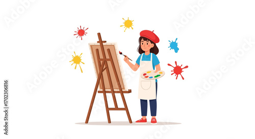 Illustration of an artist painting on a canvas with colorful splashes, art
