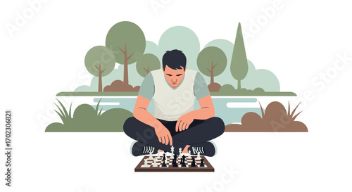 Man Outdoors Playing Chess, Pondering Strategy And Planning His Next Move
