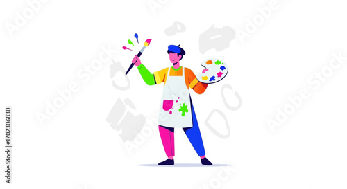 Illustration of an artist holding a brush and color palette in a studio