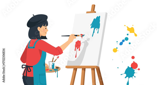 Illustration of an artist painting on a canvas with vibrant colors and art supplies