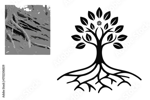 Stylized tree of life symbol with abstract roots detail