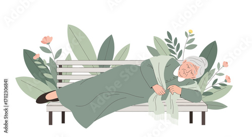 Illustration of an elderly woman sleeping peacefully on a park bench surrounded by plants