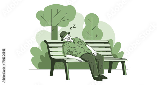 Illustration of an elderly man sleeping on a park bench under the trees