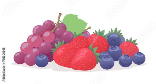 Assortment of fresh berries including grapes strawberries and blueberries.