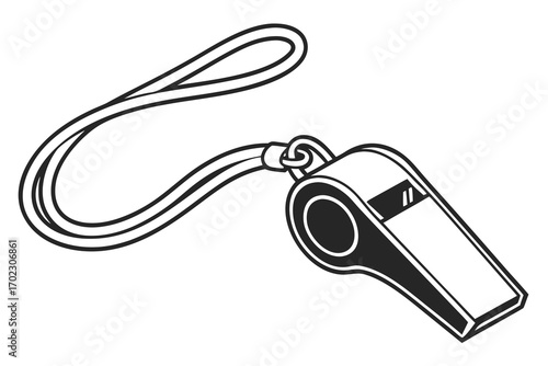 Black and white illustration of a sports whistle with a lanyard