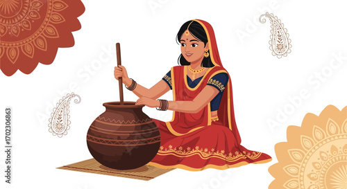 Illustration of an Indian woman churning butter in a traditional clay pot