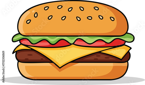 A delicious-looking cheeseburger with lettuce and tomato.