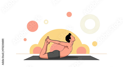 Man Performing Yoga, Bow Pose with Abstract Elements, Illustrative Flat Design