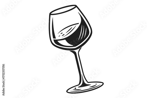 Stylized black and white illustration of a wine glass filled with red wine