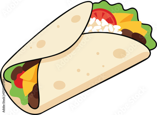 A delicious and colorful cartoon illustration of a fully loaded burrito with rice, beans, cheese, lettuce, and tomatoes.
