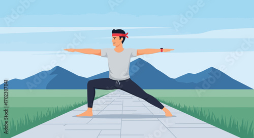 Man practicing yoga in nature, healthy lifestyle and mental wellness concept illustration