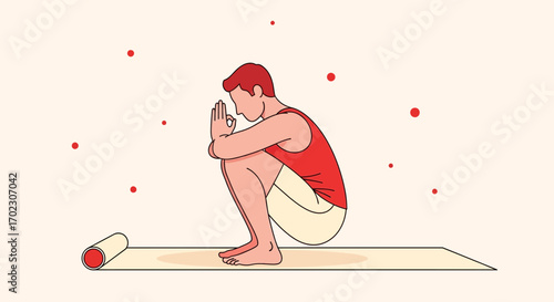 Man Practicing Yoga in a Simplified Pose with Vibrant Colors in a Minimal Style