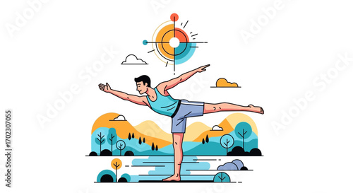 Man practicing yoga in a nature scene with balance pose and serene environment