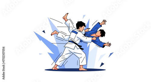 Illustration of Judo Competition Depicting a Throw and a Dynamic Judo Match with Participants
