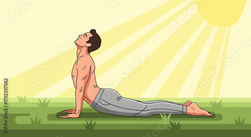 Illustration of Man Doing Yoga Outdoors in Sun with Green Grass, Day Light