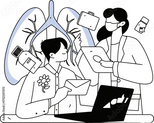Dedicated doctor consulting with patient about lung health, explaining treatment options with care and compassion, using modern technology for improved healthcare outcomes and patient well being