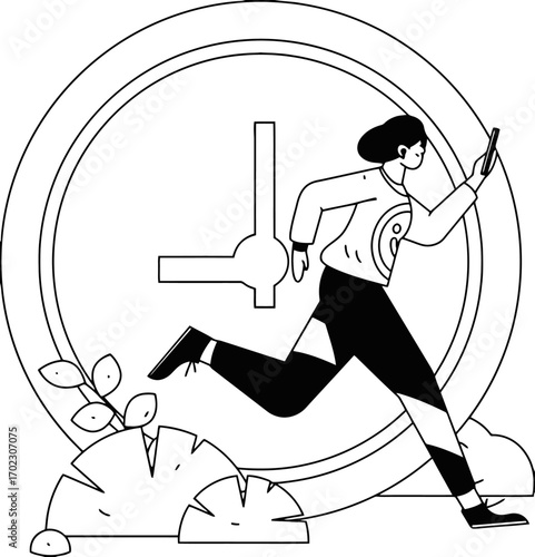 Dynamic icon illustration of a woman rushing against time with phone in hand, perfect for deadlines, productivity, and time management concepts, conveying urgency and efficiency