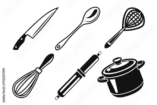 Collection of black and white kitchen utensil icons