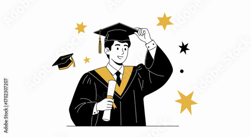 Illustration of Smiling Graduate Holding Diploma and Adjusting Graduation Cap